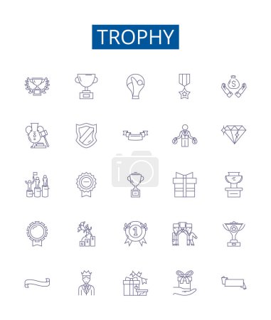 Trophy Line Symbole Zeichen gesetzt. Design-Sammlung von Preis, Auszeichnung, Pokal, Plakette, Medaille, Emblem, Andenken, Mark Umrissvektorkonzept Illustrationen