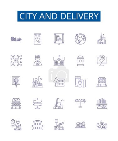 Illustration for City and delivery line icons signs set. Design collection of City, Delivery, Urban, Local, Mail, Express, Shipping, Logistics outline vector concept illustrations - Royalty Free Image