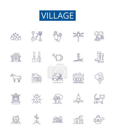 Illustration for Village line icons signs set. Design collection of Village, Hamlet, Settlement, Rural, Township, Community, Locale, Farmland outline vector concept illustrations - Royalty Free Image