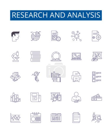 Research and analysis line icons signs set. Design collection of Research, Analysis, Evaluate, Assess, Compare, Examine, Determine, Investigate outline vector concept illustrations