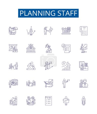 Illustration for Planning staff line icons signs set. Design collection of Staffing, Planning, Organization, Scheduling, Assignment, Human, Resources, Team outline vector concept illustrations - Royalty Free Image