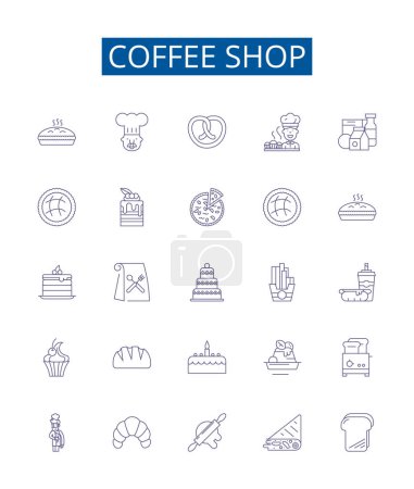 Illustration for Coffee shop line icons signs set. Design collection of Cafe, Espresso, Latte, Coffee, Java, Mocha, Colombian, Frappe outline vector concept illustrations - Royalty Free Image