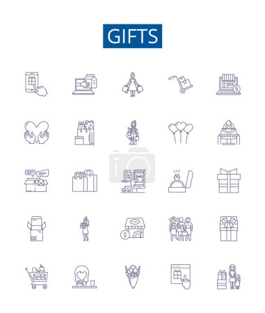 Illustration for Gifts line icons signs set. Design collection of Presents, Favors, Souvenirs, Offerings, Tokens, Bonuses, Packages, Gratuity outline vector concept illustrations - Royalty Free Image
