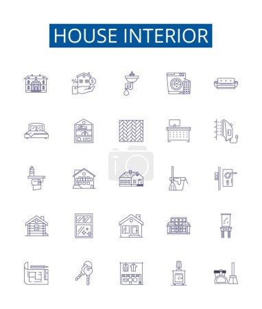 Illustration for House interior line icons signs set. Design collection of Furnishings, Decor, Walls, Lighting, Ceiling, Flooring, Carpeting, Window outline vector concept illustrations - Royalty Free Image