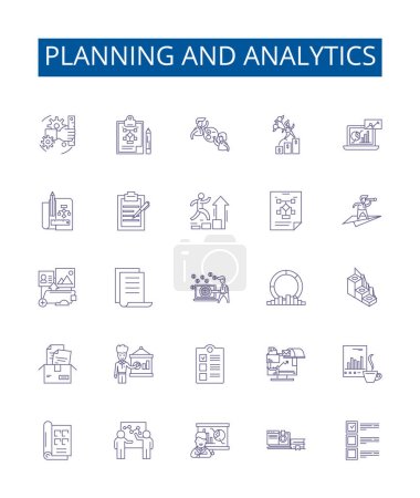 Illustration for Planning and analytics line icons signs set. Design collection of Planning, Analytics, Strategy, Forecasting, Evaluation, Analysis, Optimization, Design outline vector concept illustrations - Royalty Free Image