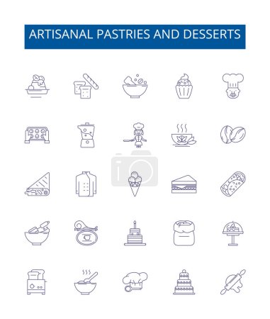 Illustration for Artisanal pastries and desserts line icons signs set. Design collection of Confections, Pastries, Desserts, Artisanal, Baked, Cakes, Cupcakes, Sweets outline vector concept illustrations - Royalty Free Image