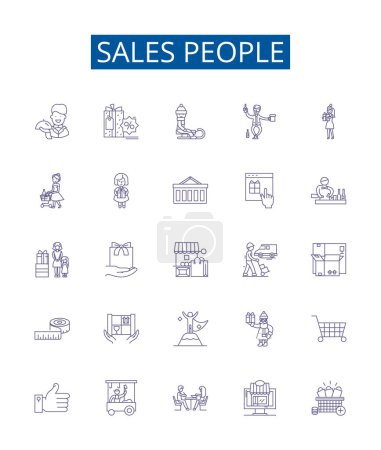 Illustration for Sales people line icons signs set. Design collection of Salespeople, Sellers, Vendors, Brokers, Representatives, Merchandisers, Agents, Closers outline vector concept illustrations - Royalty Free Image