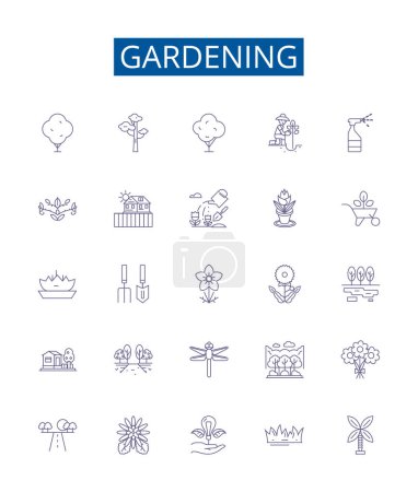 Illustration for Gardening line icons signs set. Design collection of Planting, Watering, Pruning, Weeding, Soil, Mulching, Cultivating, Composting outline vector concept illustrations - Royalty Free Image