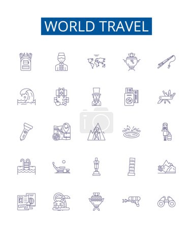 Ilustración de Conjunto de letreros de iconos de línea de viaje. Diseño de la colección de Voyage, Tour, Expedición, Viaje, Explorando, Trek, Roam, Ilustraciones del concepto de vector de contorno de turismo - Imagen libre de derechos