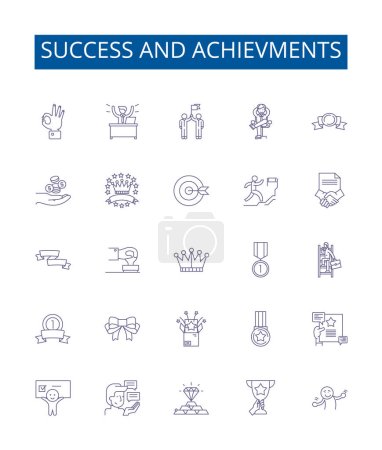 Erfolge und Errungenschaften säumen Symbole, die Zeichen setzen. Designsammlung von Achievement, Success, Accomplishment, Prize, Triumph, Victory, Honor, Fruition Outline Vektor Concept Illustrationen