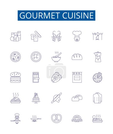 Illustration for Gourmet cuisine line icons signs set. Design collection of Gourmet, cuisine, haute, food, fine, dining, epicurean, French outline vector concept illustrations - Royalty Free Image