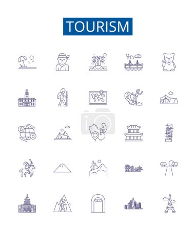 Illustration for Tourism line icons signs set. Design collection of Travel, Sightseeing, Holiday, Vacation, Adventure, Hotels, Exploring, Trips outline vector concept illustrations - Royalty Free Image
