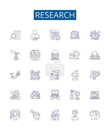 Research line icons signs set. Design collection of Investigate, Analyze, Probe, Study, Examine, Assess, Explore, Investigate outline vector concept illustrations