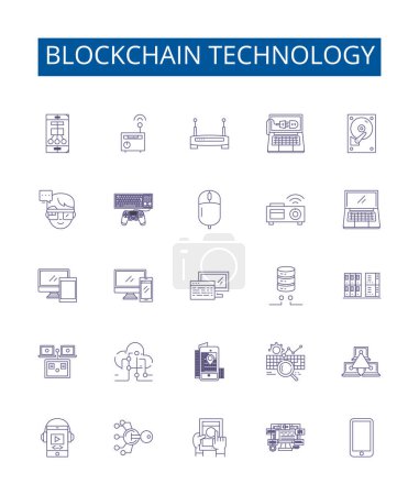Ilustración de Blockchain tecnología línea iconos letreros conjunto. Colección de diseño de Blockchain, Tecnología, Descentralizado, Libro mayor, Criptografía, Criptomoneda, Consenso, Concepto de vector de esquema de transacción - Imagen libre de derechos