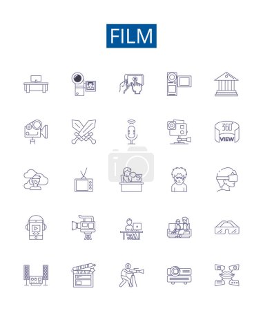 Illustration for Film line icons signs set. Design collection of Movie, Cinema, Production, Picture, Blockbuster, Story, Reel, Show outline vector concept illustrations - Royalty Free Image