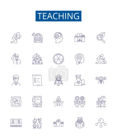Illustration for Teaching line icons signs set. Design collection of Instructing, Educating, Tutoring, Guiding, Coaching, Mentoring, Schooling, Directing outline vector concept illustrations - Royalty Free Image