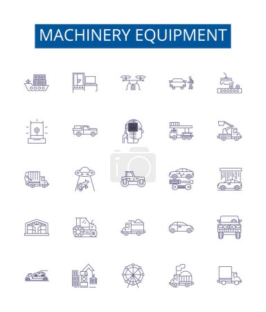 Illustration for Machinery equipment line icons signs set. Design collection of Machinery, Equipment, Tools, Gears, Motors, Parts, Drives, Controls outline vector concept illustrations - Royalty Free Image