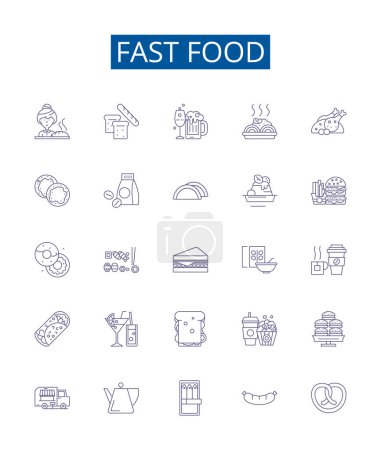 Illustration for Fast food line icons signs set. Design collection of Burger, Taco, Fries, Pizza, Kebab, Sandwich, Hotdog, Takeaway outline vector concept illustrations - Royalty Free Image