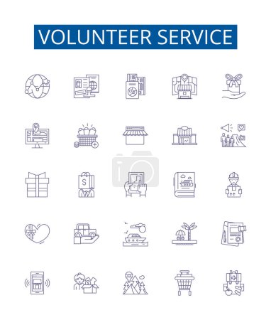Illustration for Volunteer service line icons signs set. Design collection of Volunteering, Service, Helping, Donating, participating, aiding, assisting, sharing outline vector concept illustrations - Royalty Free Image