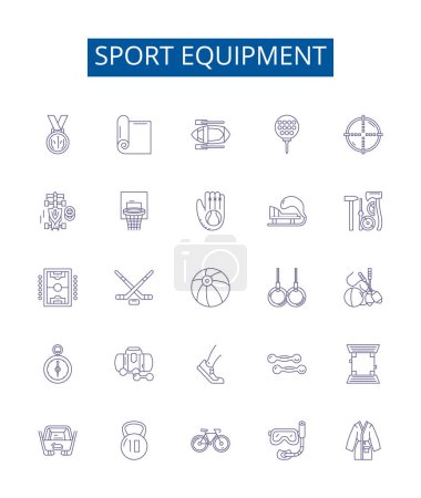 Illustration for Sport equipment line icons signs set. Design collection of Gear, Balls, Racquets, Nets, Footwear, Headgear, Helmets, Padding outline vector concept illustrations - Royalty Free Image