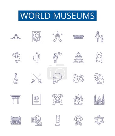 World museums line icons signs set. Design collection of Museums, World, Global, Cultural, Art, History, Archaeology, Science outline vector concept illustrations