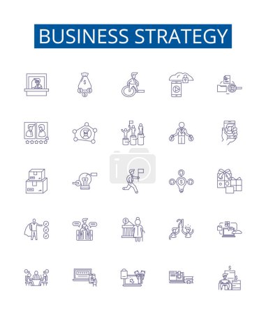 Illustration for Business strategy line icons signs set. Design collection of Planning, Innovation, Operational, Execution, Planning, Market, Customer, Financial outline vector concept illustrations - Royalty Free Image