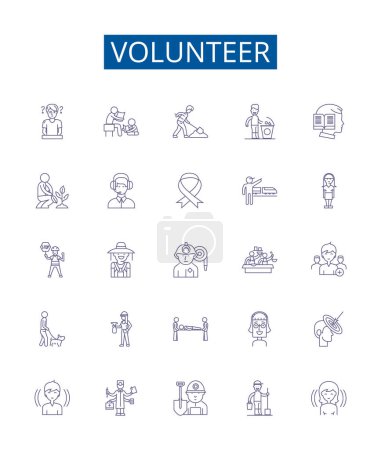 Illustration for Volunteer line icons signs set. Design collection of Donate, Help, Serve, Contribute, Participate, Aid, Commit, Repair outline vector concept illustrations - Royalty Free Image