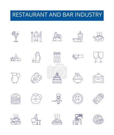 Illustration for Restaurant and bar industry line icons signs set. Design collection of Restaurant, Bar, Industry, Dining, Cuisine, Meal, Food, Service outline vector concept illustrations - Royalty Free Image