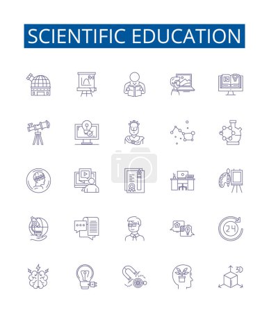 Illustration for Scientific education line icons signs set. Design collection of Scientific, Education, Knowledge, Learning, Technology, Experiment, Method, Analysis outline vector concept illustrations - Royalty Free Image