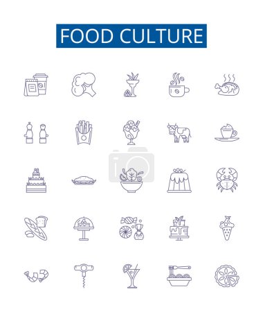 Illustration for Food culture line icons signs set. Design collection of Cuisine, Gourmet, Gastronomy, Dishware, Recipes, Etiquette, Banquet, Dietary outline vector concept illustrations - Royalty Free Image