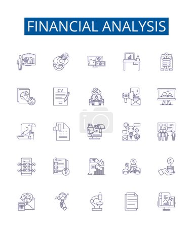 Illustration for Financial analysis line icons signs set. Design collection of Budgeting, Forecasting, Ratios, Cashflow, Financing, Profitability, Liquidity, Accounting outline vector concept illustrations - Royalty Free Image