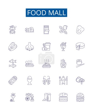 Illustration for Food mall line icons signs set. Design collection of Eatery, Gastronomy, Canteen, Cuisine, Gourmand, Bistro, Galley, Foodcourt outline vector concept illustrations - Royalty Free Image