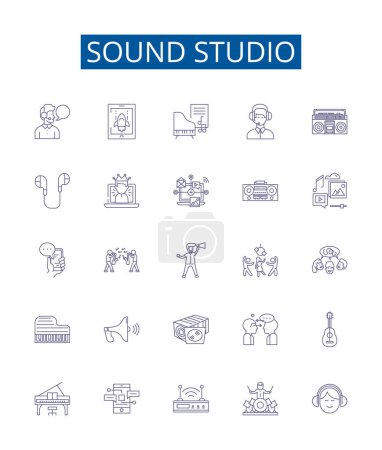 Illustration for Sound studio line icons signs set. Design collection of Recording, Mixing, Music, Soundstage, Microphone, Producer, Audio, Broadcast outline vector concept illustrations - Royalty Free Image
