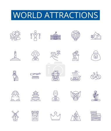 Illustration for World attractions line icons signs set. Design collection of Sites, Destinations, Attractions, Monuments, Landmarks, Wonders, Ruins, Parks outline vector concept illustrations - Royalty Free Image