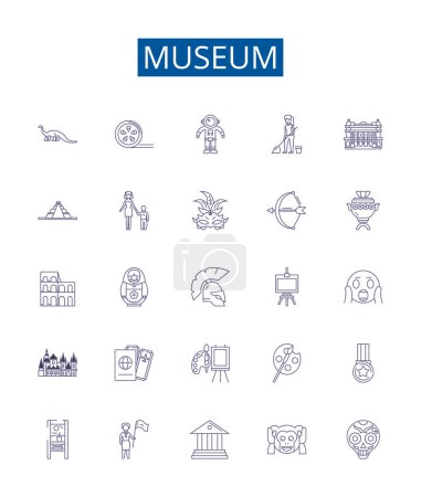 Illustration for Museum line icons signs set. Design collection of Gallery, Monument, Archive, Exhibit, Collection, Obelisk, Exhibition, Relics outline vector concept illustrations - Royalty Free Image
