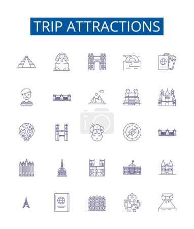 Illustration for Trip attractions line icons signs set. Design collection of Tourist, Sightseeing, Local, Adventure, Beaches, Culture, Monuments, Cathedrals outline vector concept illustrations - Royalty Free Image