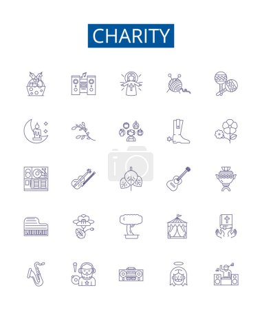 Illustration for Charity line icons signs set. Design collection of Giving, Kindness, Philanthropy, Donate, Nonprofit, Benevolence, Helping, Support outline vector concept illustrations - Royalty Free Image