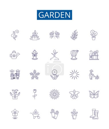 Illustration for Garden line icons signs set. Design collection of Yard, Vegetable, Lawn, Greenery, Trees, Flowers, Shrubs, Plants outline vector concept illustrations - Royalty Free Image