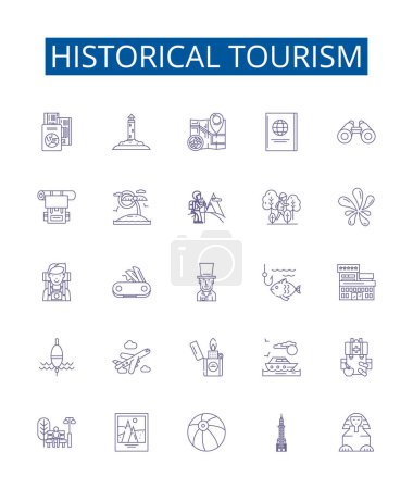 Illustration for Historical tourism line icons signs set. Design collection of Heritage, cultural, antiquities, monuments, ruins, sites, Landmarks, ancient outline vector concept illustrations - Royalty Free Image