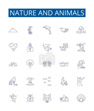 Illustration for Nature and animals line icons signs set. Design collection of Nature, Animals, Fauna, Flora, Wildlife, Habitat, Ecosystem, Birds outline vector concept illustrations - Royalty Free Image