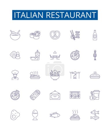 Ilustración de Conjunto de letreros de iconos de línea restaurante italiano. Diseño de la colección de italiano, restaurante, cocina, pasta, pizza, pan, ajo, albahaca esquema vector concepto ilustraciones - Imagen libre de derechos