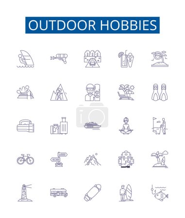 Illustration for Outdoor hobbies line icons signs set. Design collection of Hiking, Camping, Fishing, Hunting, Climbing, Kayaking, Canoeing, Surfing outline vector concept illustrations - Royalty Free Image