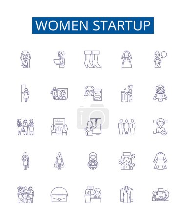 Illustration for Women startup line icons signs set. Design collection of Female, Entrepreneur, Venture, Company, Business, Innovate, Investment, Founder outline vector concept illustrations - Royalty Free Image