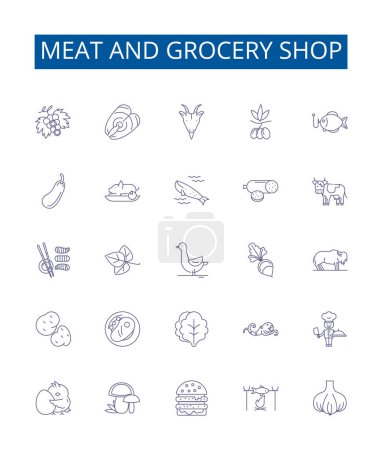 Illustration for Meat and grocery shop line icons signs set. Design collection of Butcher, Grocery, Deli, Poultry, Lamb, Beef, Pork, Sausage outline vector concept illustrations - Royalty Free Image