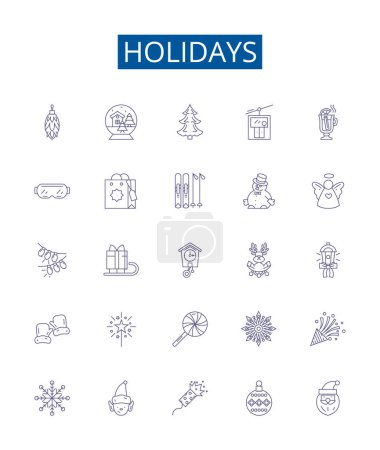 Illustration for Holidays line icons signs set. Design collection of Vacation, Festive, Trip, Break, Celebratory, Restful, Fun, Joyful outline vector concept illustrations - Royalty Free Image