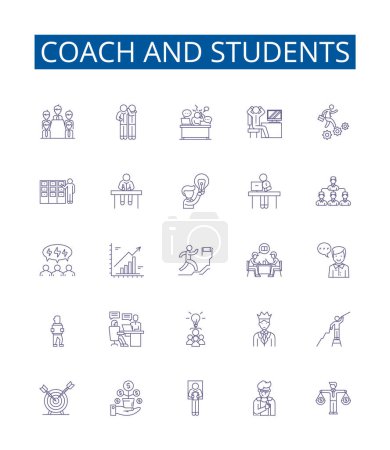 Illustration for Coach and students line icons signs set. Design collection of Coach, Students, Mentor, Educator, Guide, Pupil, Teacher, Tutor outline vector concept illustrations - Royalty Free Image