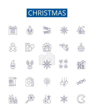 Weihnachtszeile Symbole Zeichen gesetzt. Designkollektion von Yule, Noel, Santas, Geschenke, Elfen, Bäume, Strümpfe, Ornamente skizzieren Vektor-Konzept-Illustrationen