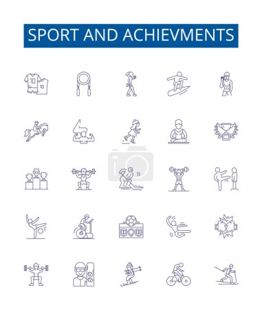 Illustration for Sport and achievments line icons signs set. Design collection of Sports, Achievements, Victory, Accomplishment, Record, Medal, Trophy, Excellence outline vector concept illustrations - Royalty Free Image