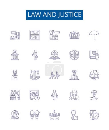 Illustration for Law and justice line icons signs set. Design collection of Law, Justice, Jurisprudence, Legislation, Legal, Statutory, Precedent, Righteousness outline vector concept illustrations - Royalty Free Image