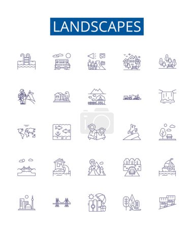 Illustration for Landscapes line icons signs set. Design collection of Vista, Scenery, Terrain, Skyline, Meadow, Outdoors, Nature, Panorama outline vector concept illustrations - Royalty Free Image